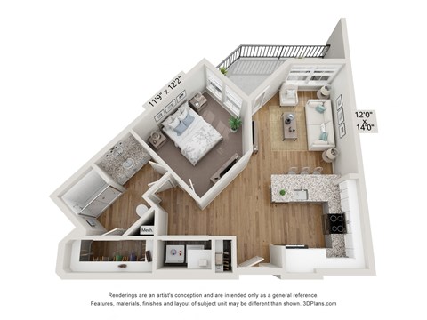 Floor plan for 1 bed, 1 bath, 667 sqft